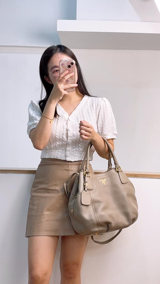 Prada Grey Leather Sacca 2 Manici Shoulder Tote Bag