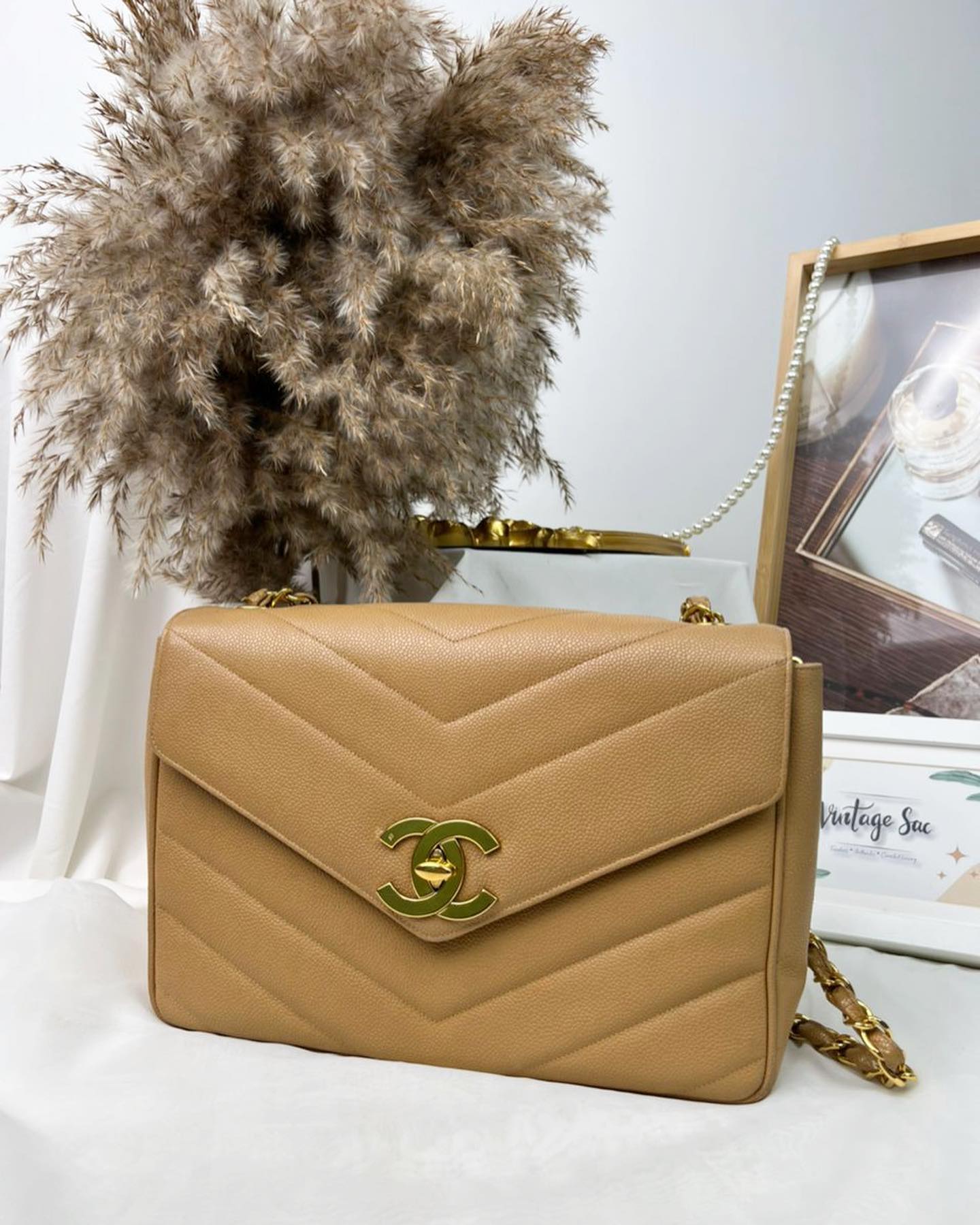 Chanel Dark Beige Caviar Chevron Big CC Turnlock Flap