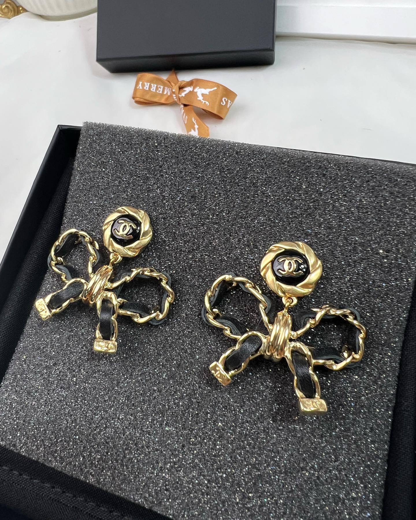 Chanel Chain Leather Bow Earrings