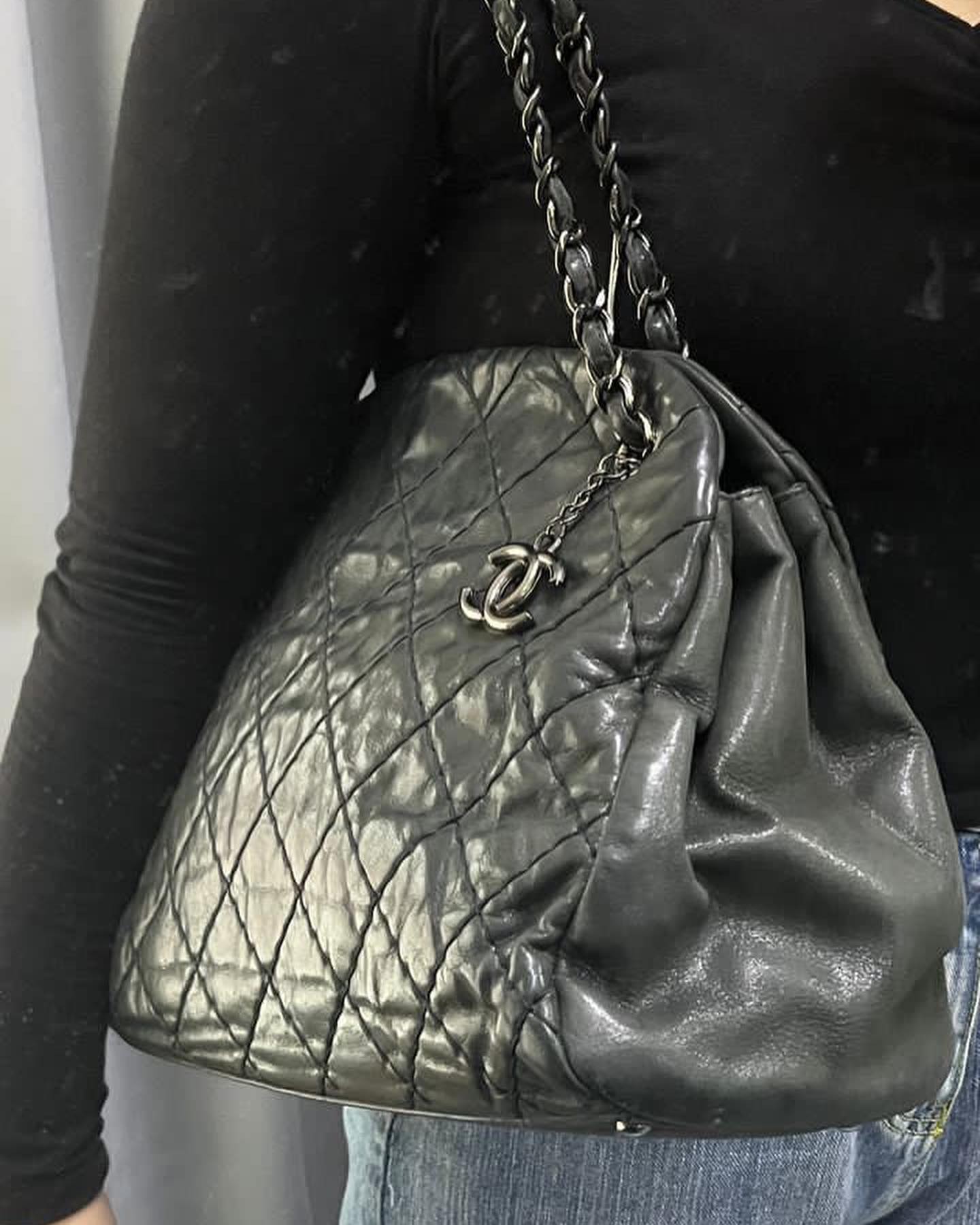 Chanel Dark Gray Iridescent Calfskin Large Mademoiselle Bag (DSHW)