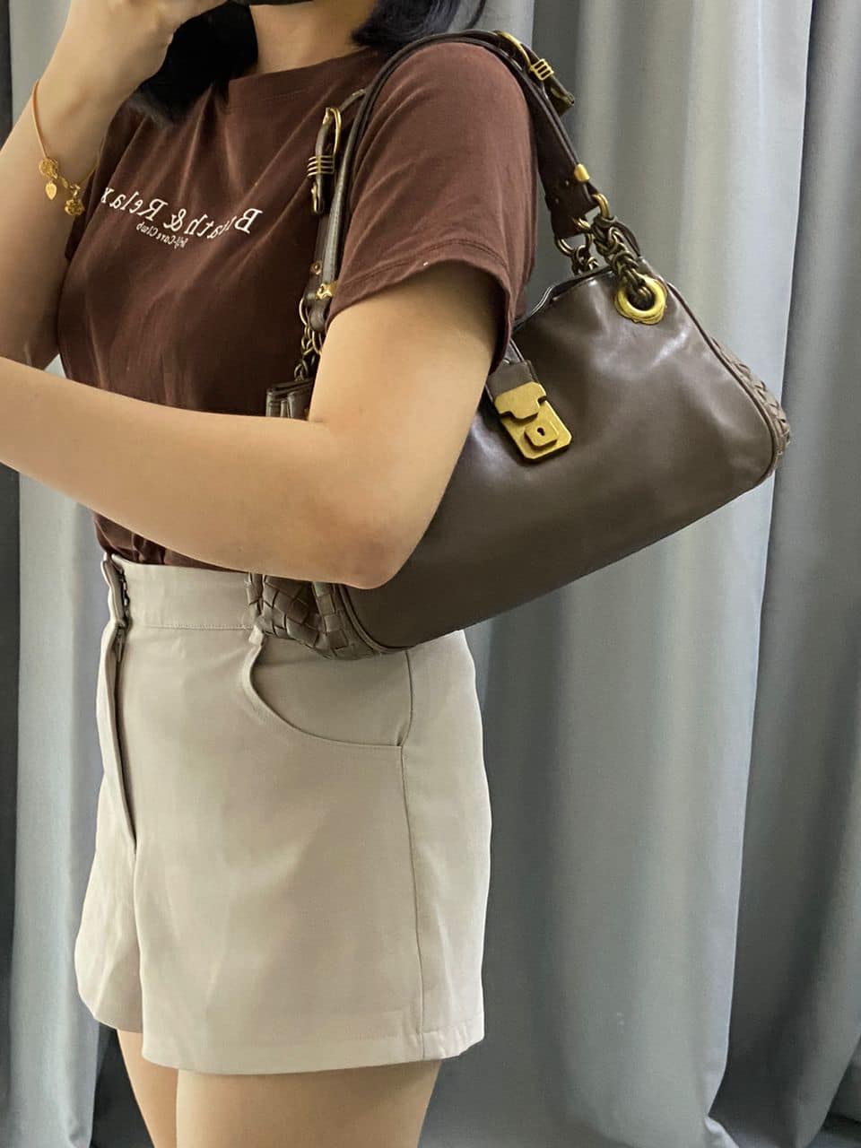 BV Brown Calfskin Napoli Shoulder Bag