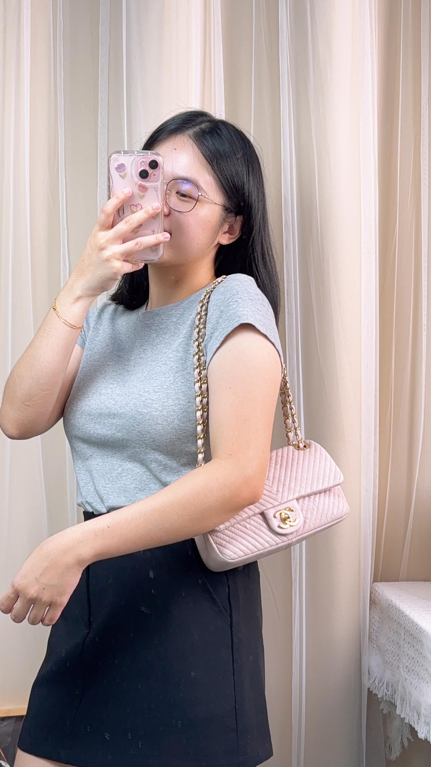 Chanel Soft Pink Aged Calfskin Chevron Medallion Charm Flap Bag GHW