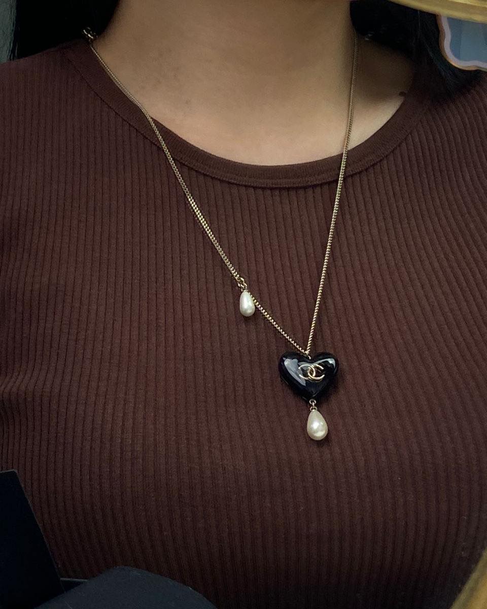 Chanel Black Gold Heart Pearl CC Necklace