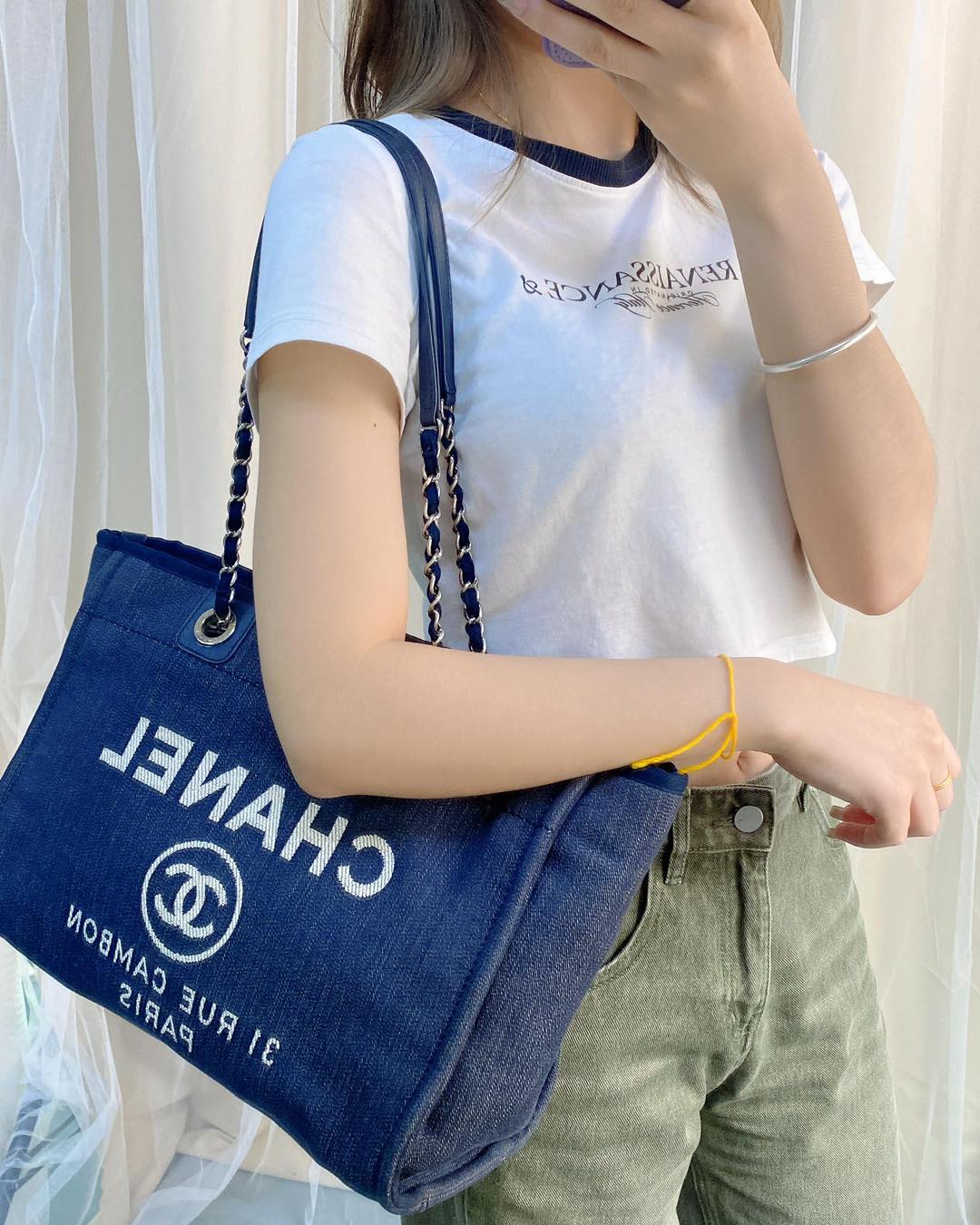 Chanel Dark Blue Canvas Deauville Bag SHW