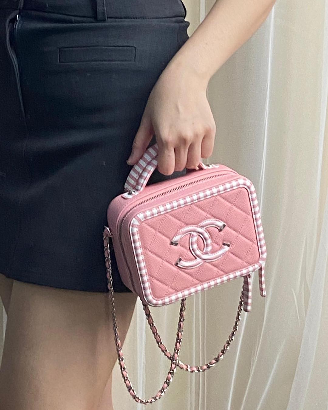 Chanel Pink Stripe Caviar Small Filigree Vanity Case SHW