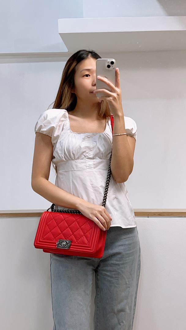 Chanel Red Calfskin Wild stitch Medium Boy RHW