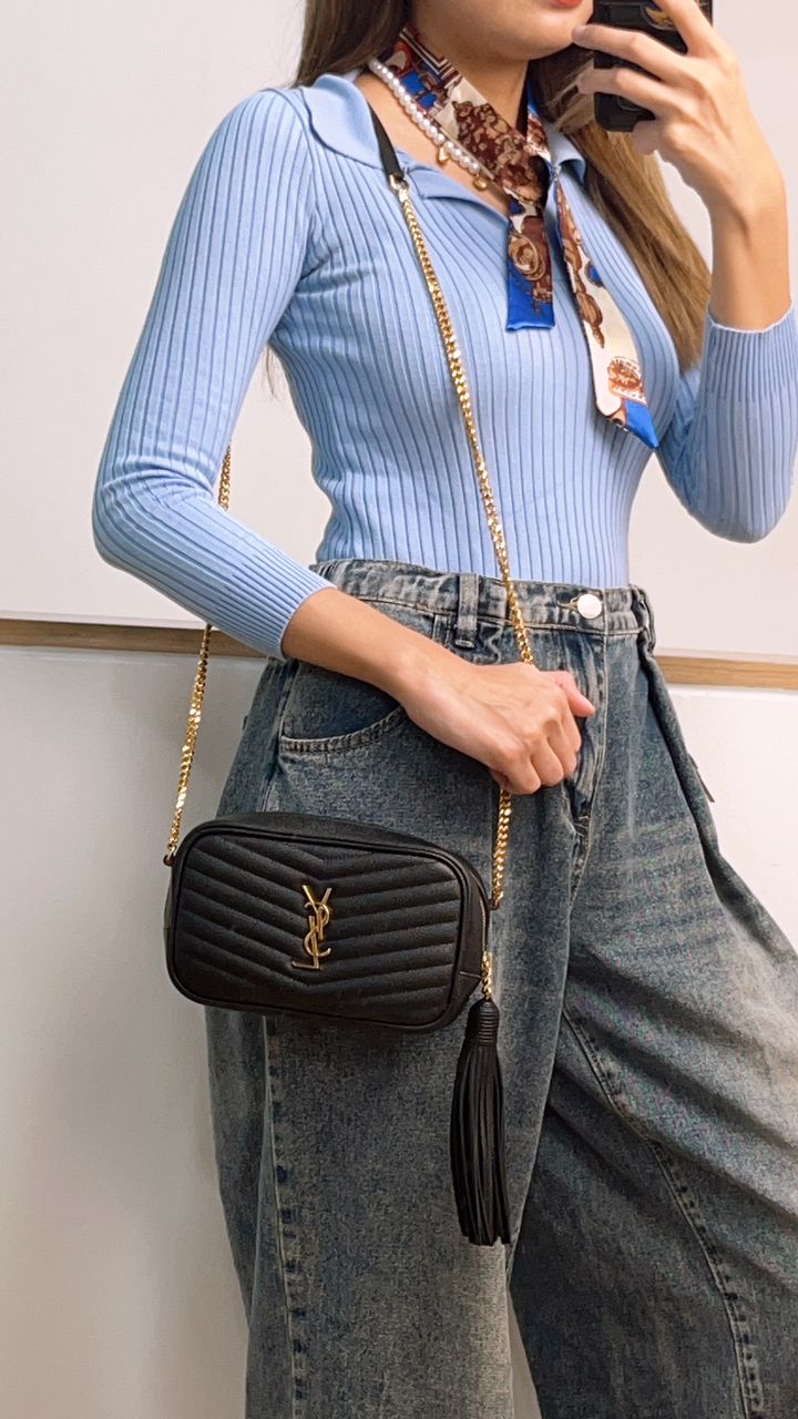 YSL Black Grained Calfskin Mini Lou Camera Bag (GHW)