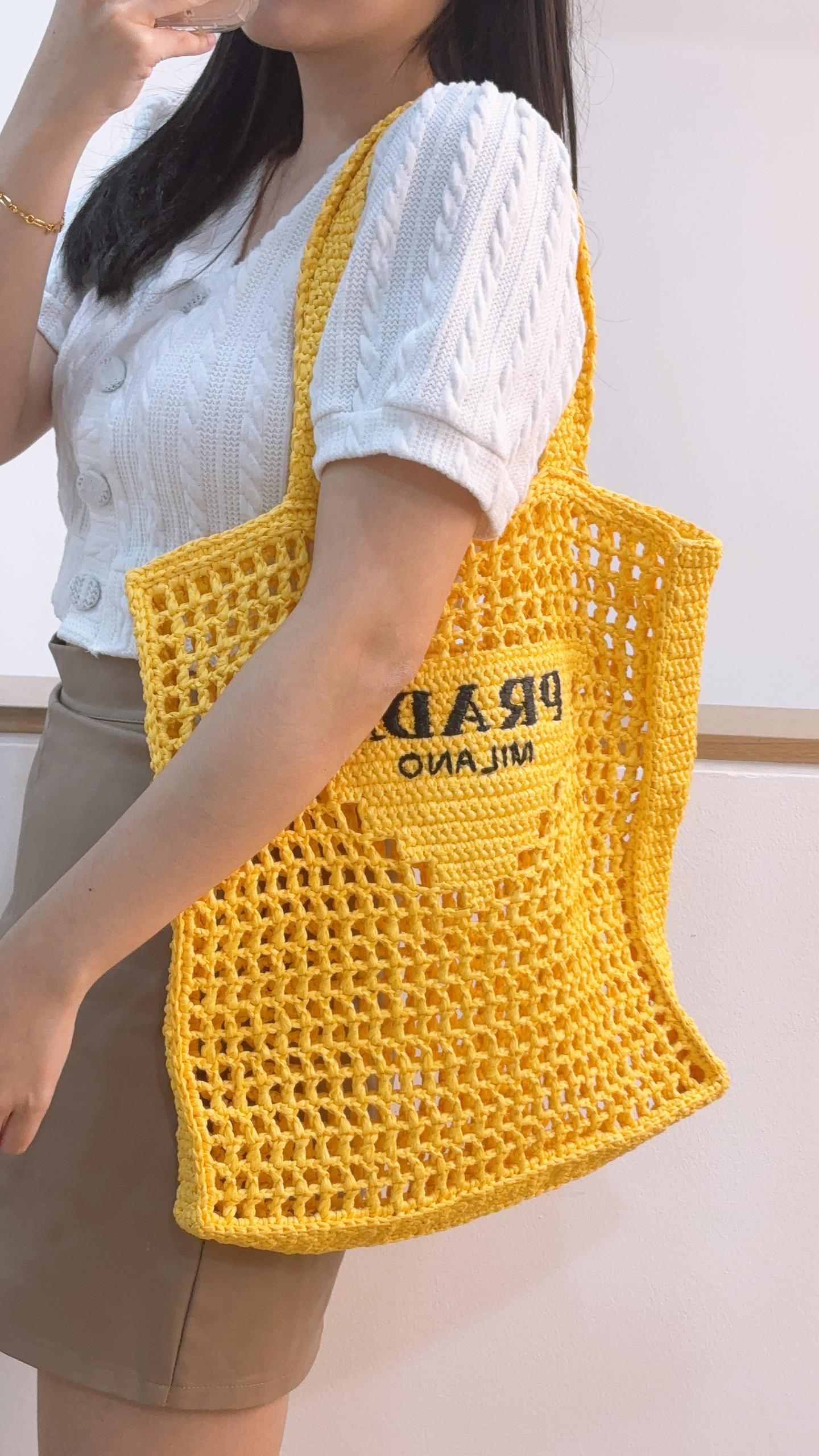 Prada Yellow Crochet Raffia Tote