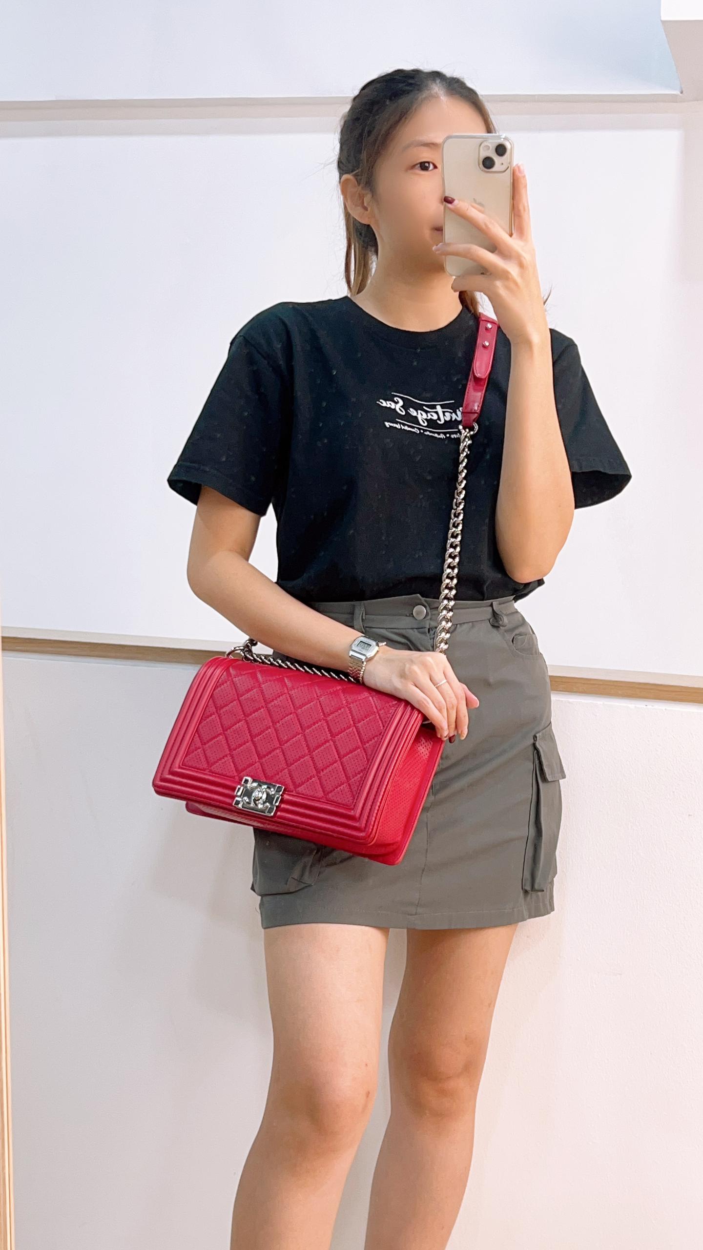 Chanel Red Lambskin Perforated New Medium Boy (SHW)