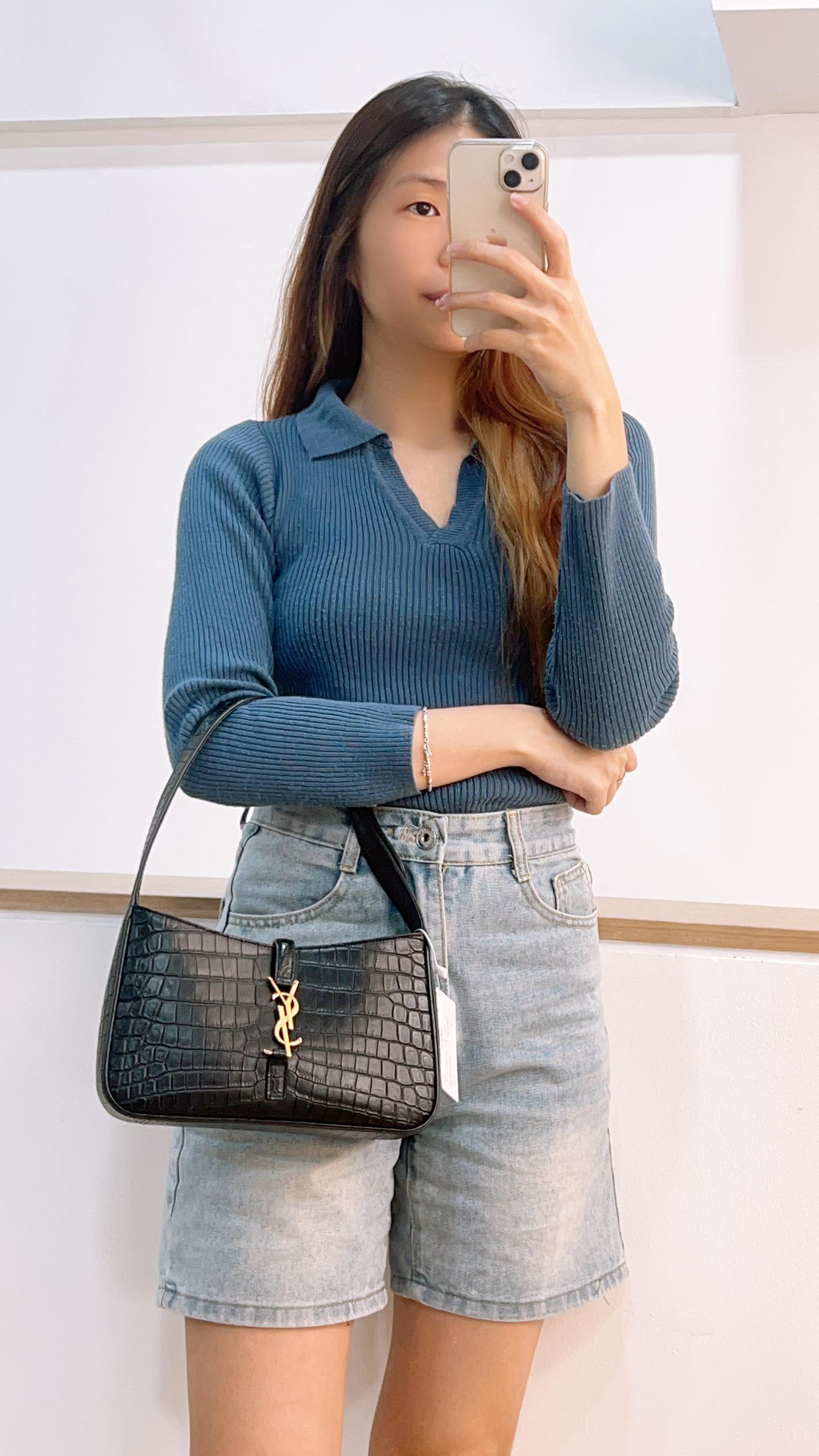 YSL Le5A7 Black Croc Embossed Hobo (GHW)
