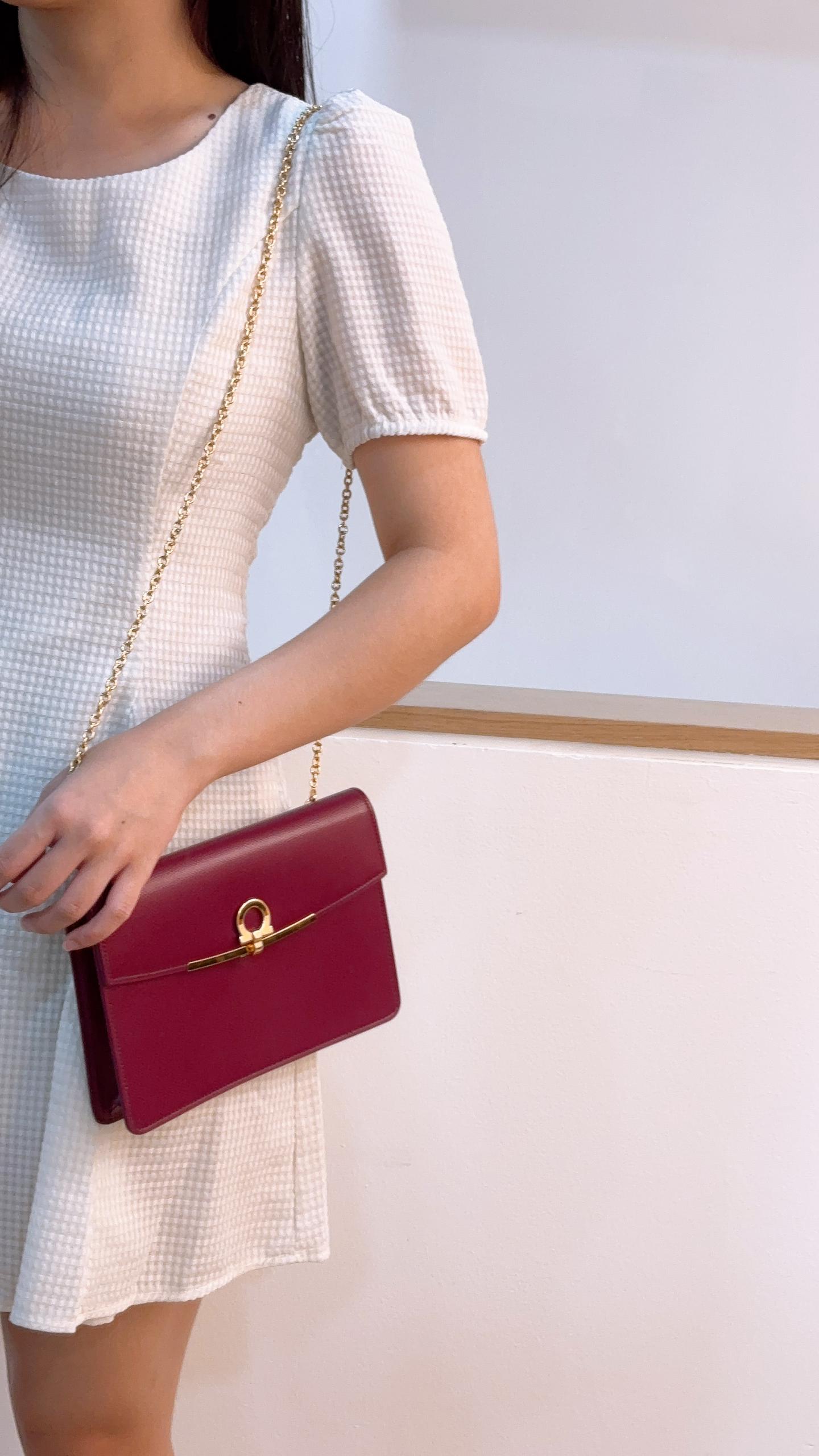 Salvatore Ferragamo Maroon Calfskin Gancini Chain Bag