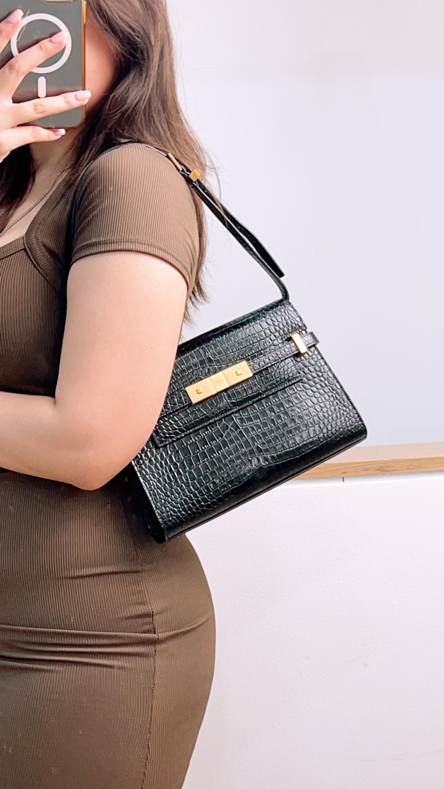 YSL Black Small Croc Embossed Small Manhattan