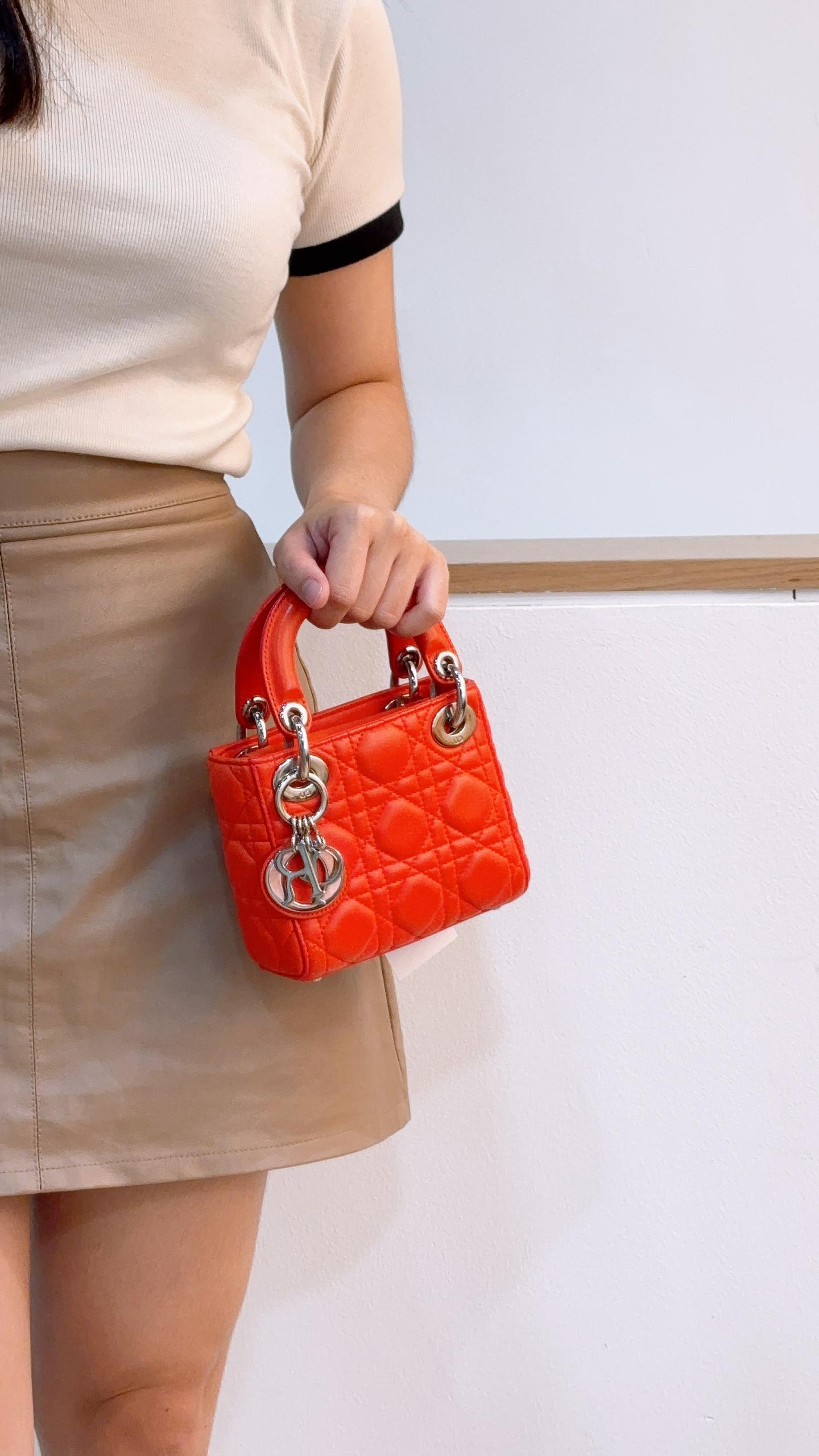 Dior Orange Lambskin Mini Lady Dior (SHW)