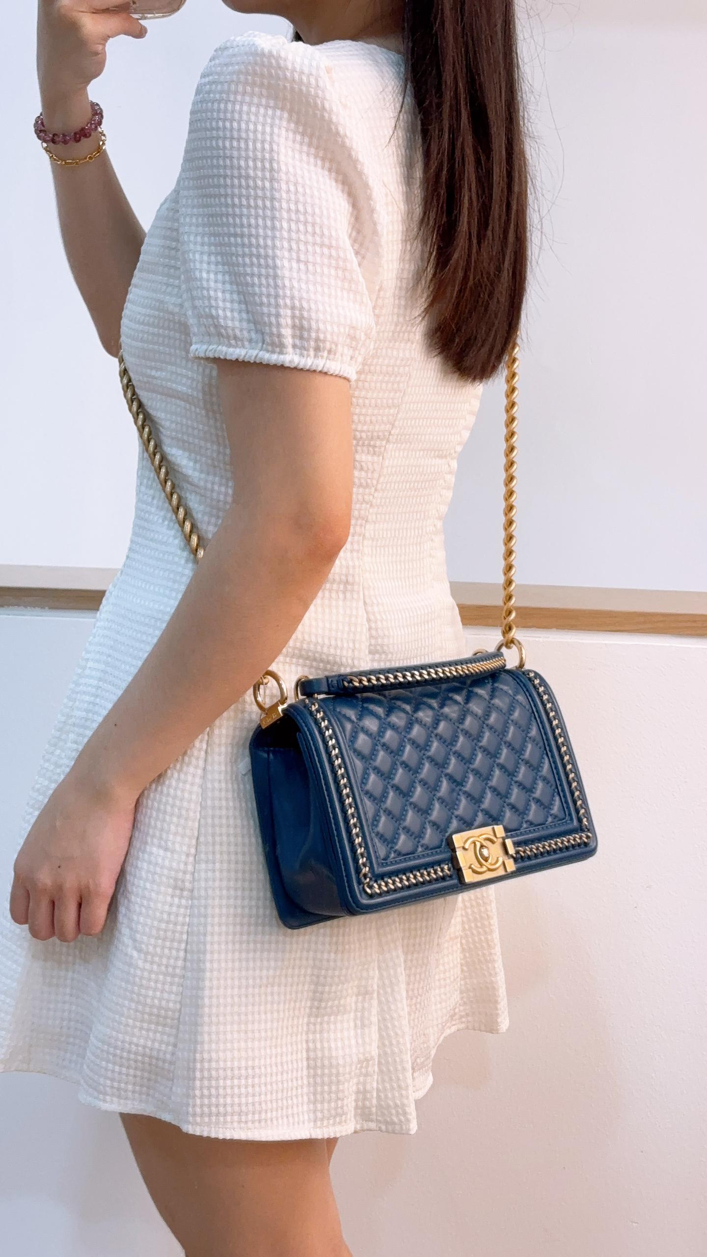 Chanel Blue Calfskin Chainaround Medium Boy Flap Bag with Handle (GHW)