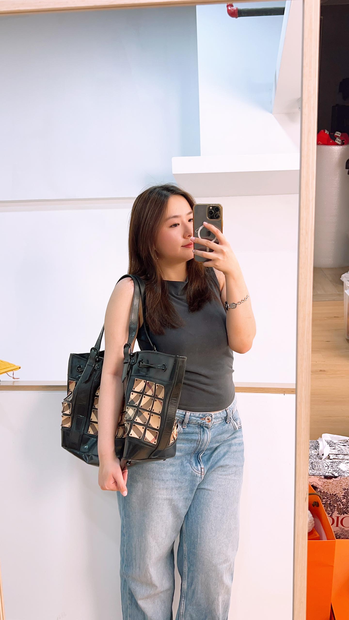 Burberry Nova Check Studded Warrior Armour Hobo Bag