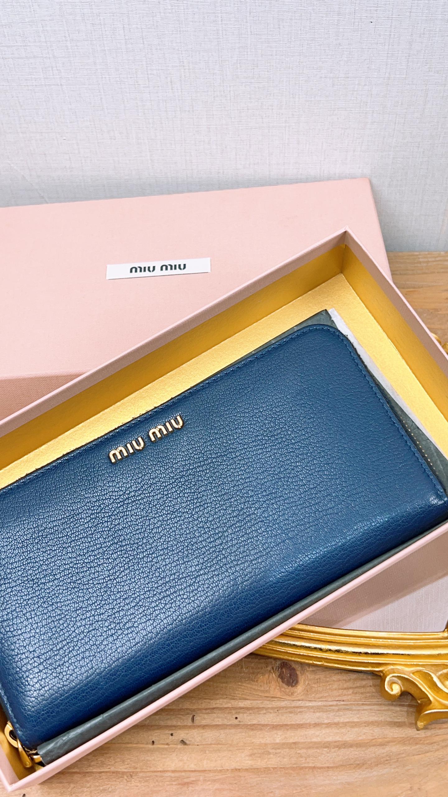 Miu Miu Dark Blue Madras Zippy Wallet (GHW)