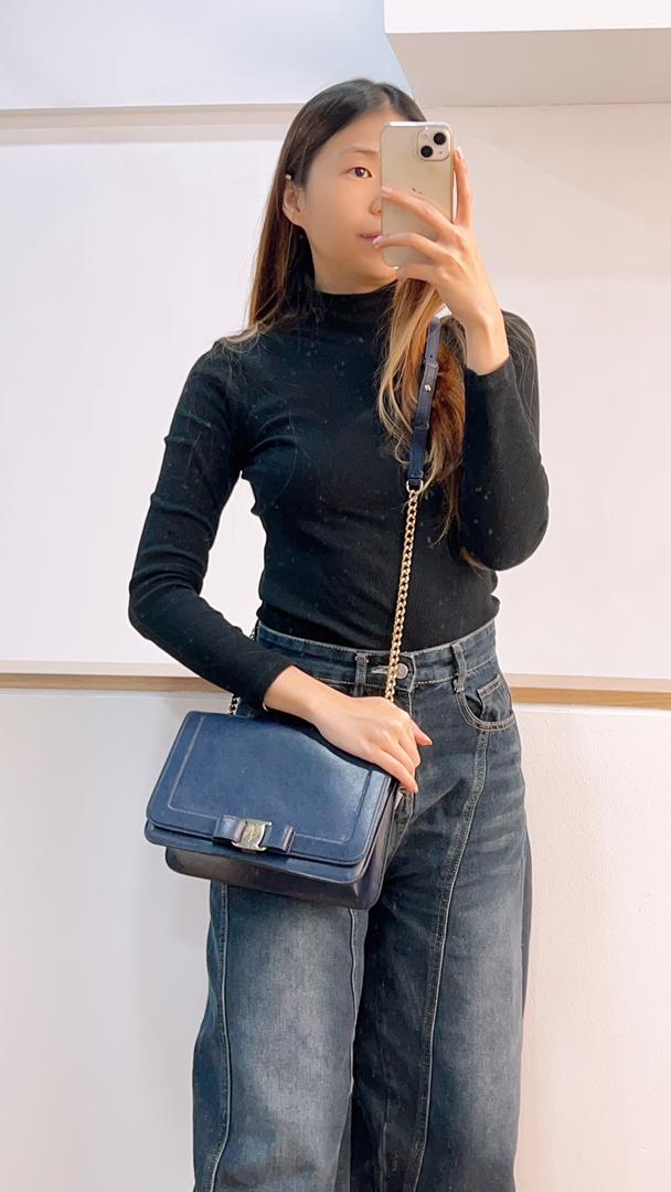 Ferragamo Blue Vara Bow Front Flap Leather Shoulder Bag