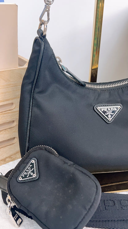 Prada Black Nylon Re-edition 2005 3 in 1 Hobo