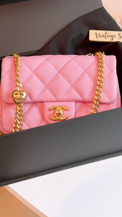 Chanel Pink Caviar 23P Mini Rectangular Heart Crush Flap Bag (GHW)