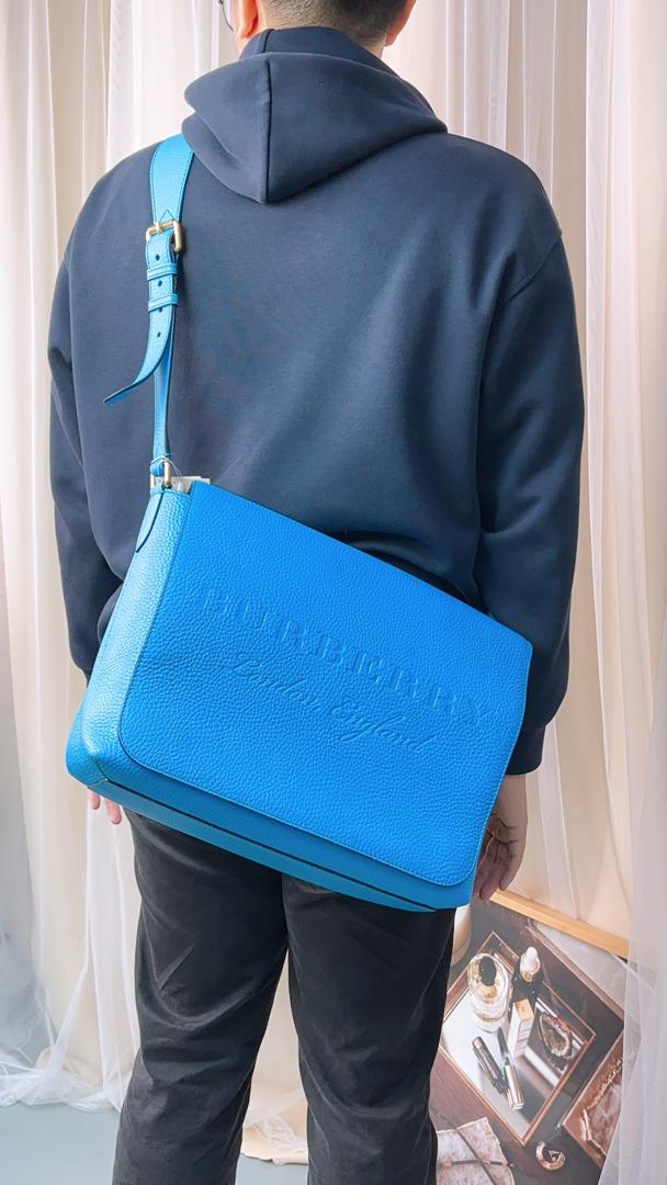 Burberry Blue Grain Calfskin Large Burleigh Messenger Bag