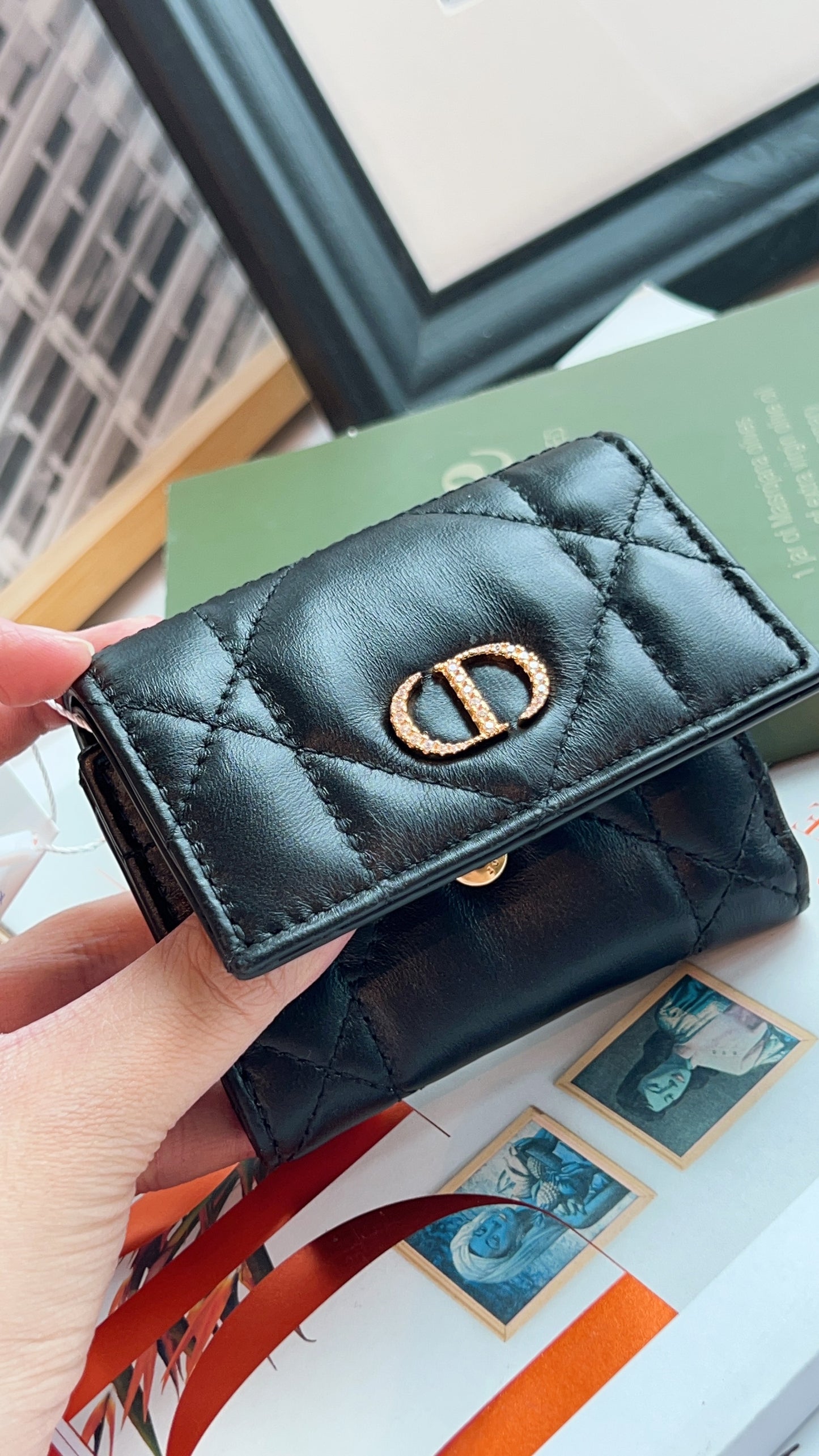 Dior Black Caro Hibiscus Crystal L Zip Wallet