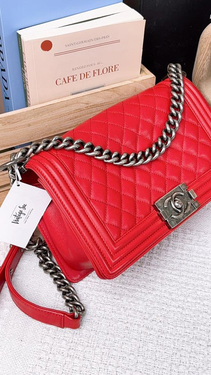 Chanel Red Calfskin Old Medium Boy Flap (RHW)