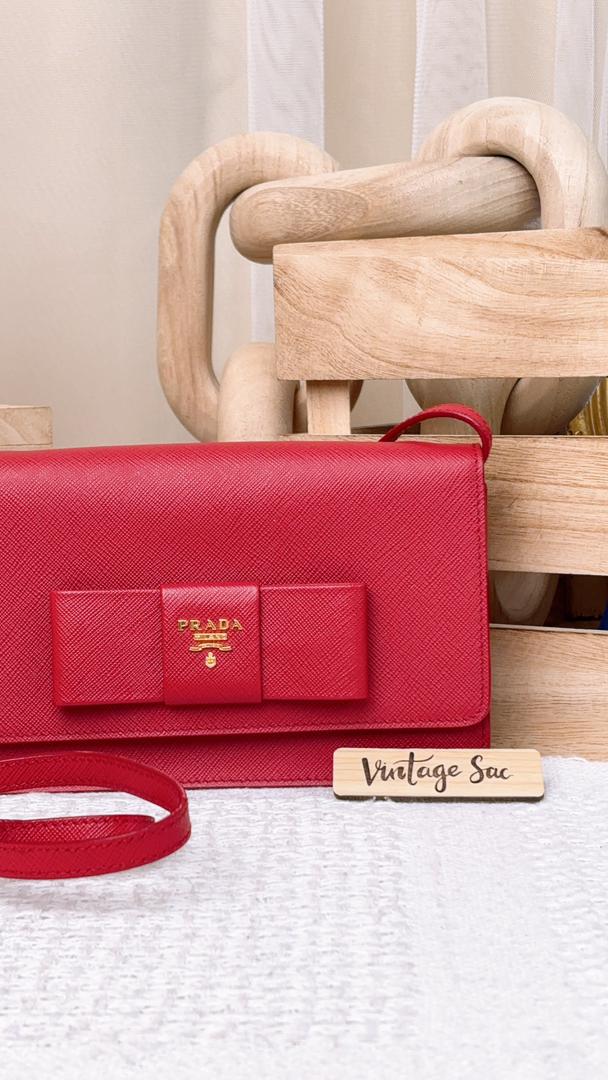 Prada Red Saffiano Bow Wallet with Strap