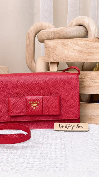 Prada Red Saffiano Bow Wallet with Strap