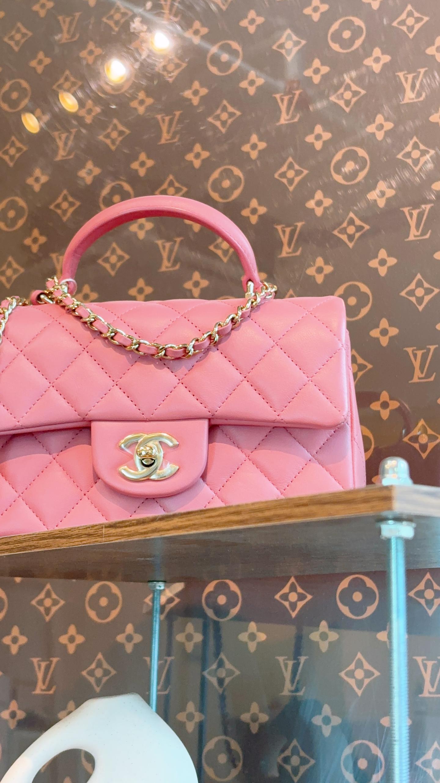 Chanel Pink Lambskin Mini Rectangular with Handle (LGHW)