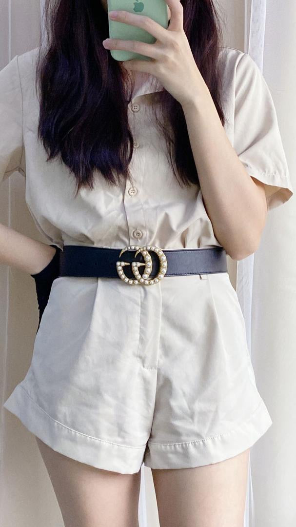 Gucci Black GG Marmont 38mm Belt w Pearls (GHW)