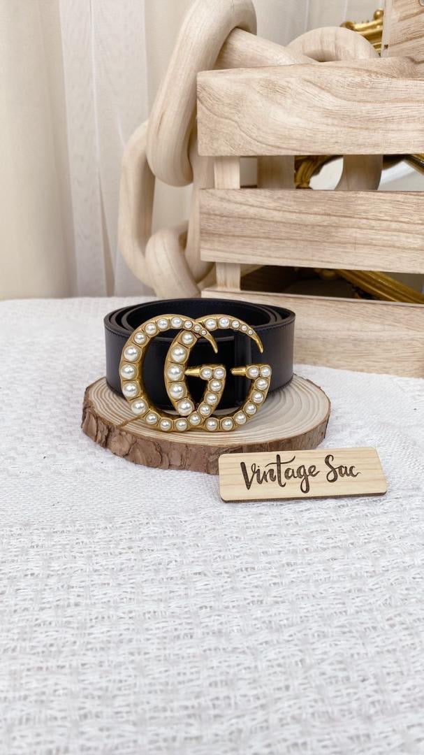 Gucci Black GG Marmont 38mm Belt w Pearls (GHW)