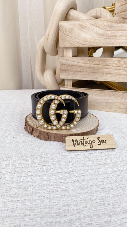 Gucci Black GG Marmont 38mm Belt w Pearls (GHW)