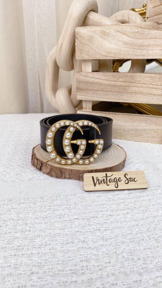 Gucci Black GG Marmont 38mm Belt w Pearls (GHW)