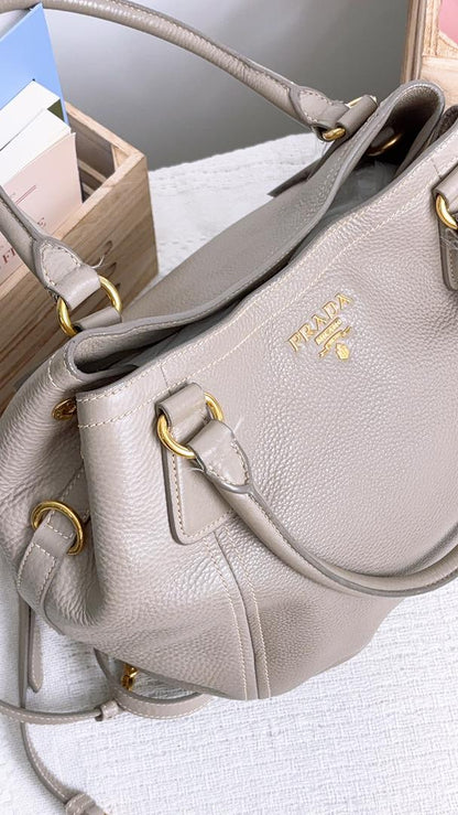 Prada Grey Leather Sacca 2 Manici Shoulder Tote Bag