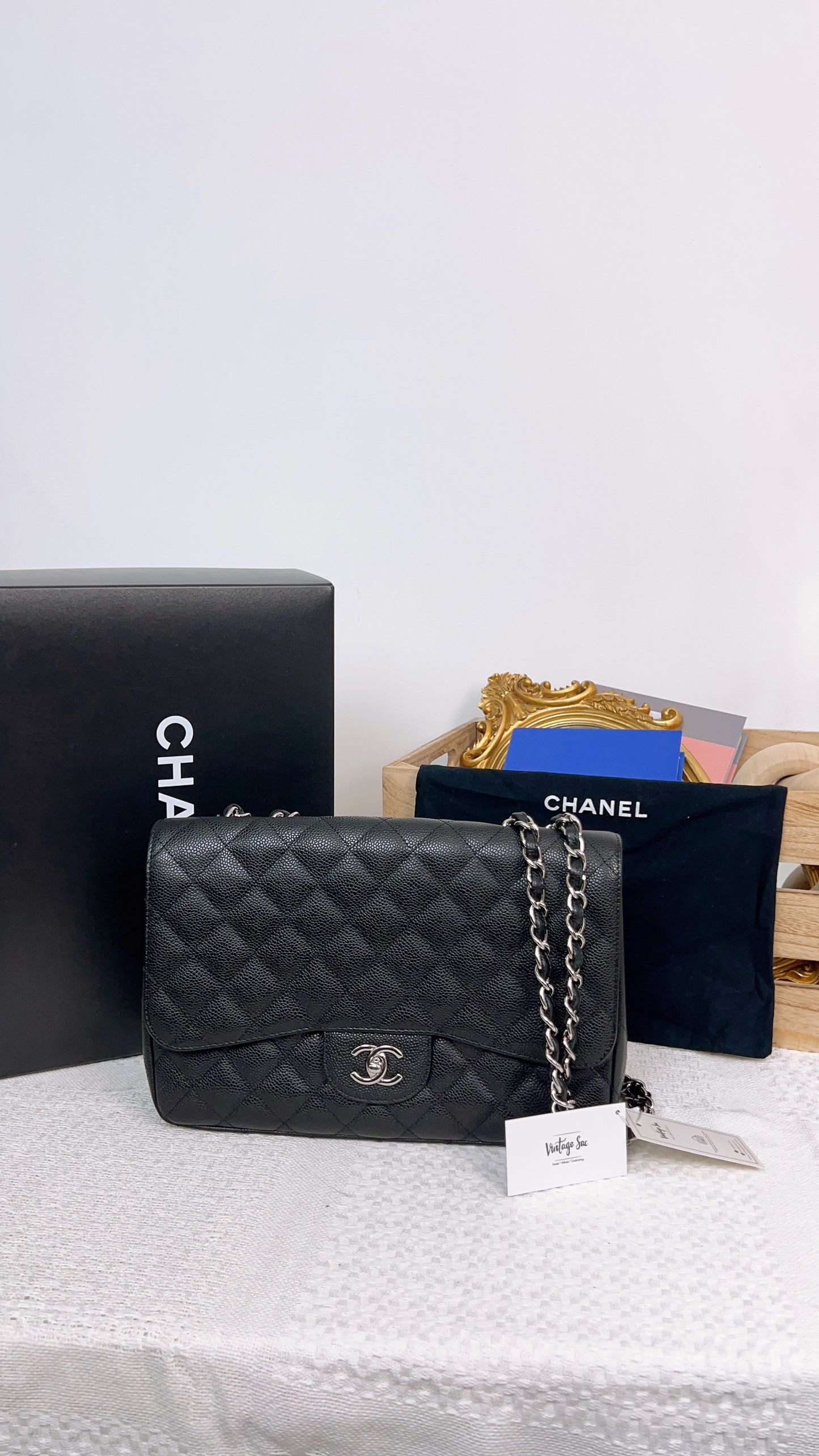 Chanel Classic Jumbo Black Quilted Caviar Leather