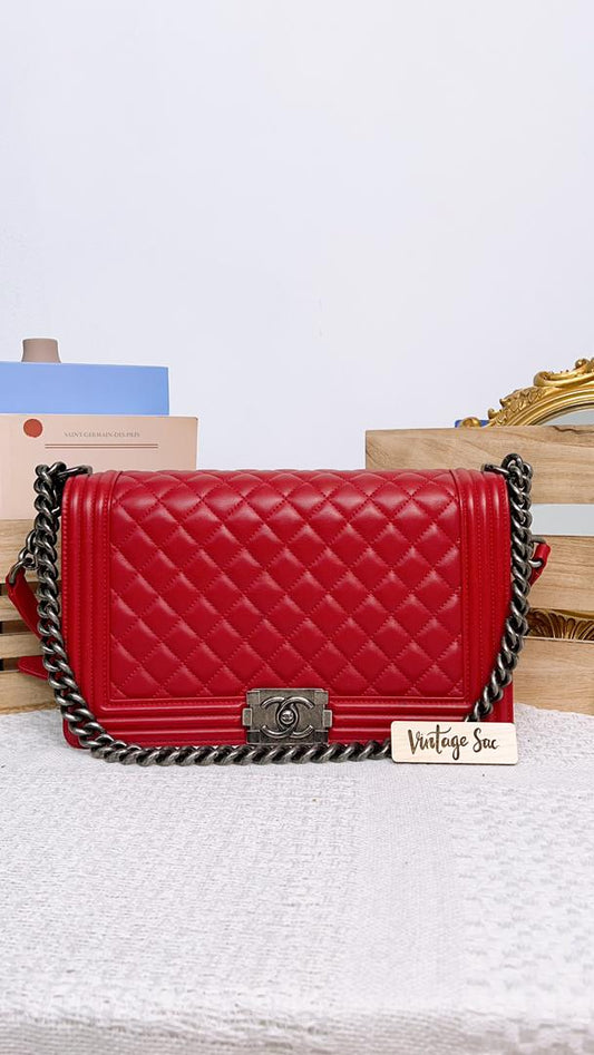 Chanel Red Lambskin New Medium Boy (RHW)