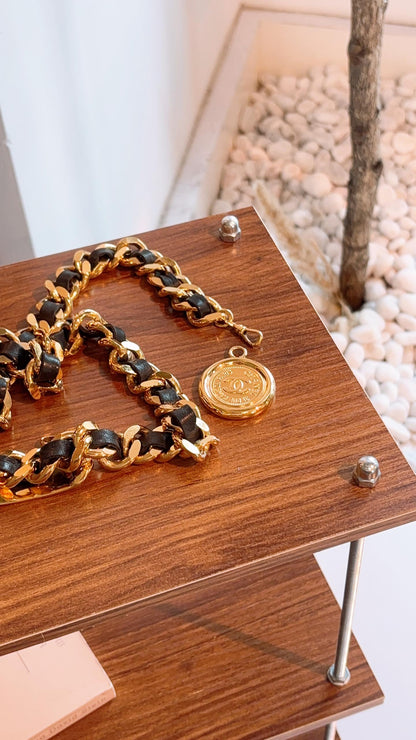 Chanel Gold Black Vintage Medallion Chain Belt 80cm