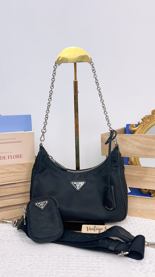Prada Black Nylon Re-edition 2005 3 in 1 Hobo