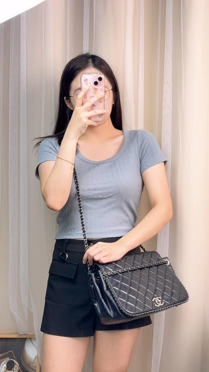 Chanel Navy Calfskin Chain Around Accordian Shoulder Bag (RHW)