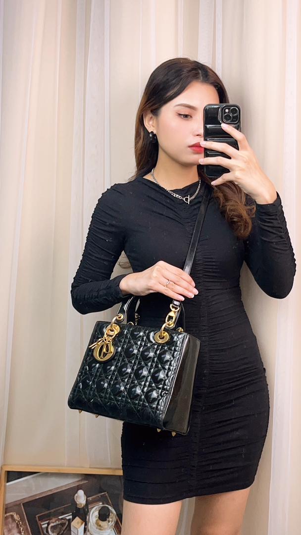 Dior Black Patent Medium Lady Dior (GHW)