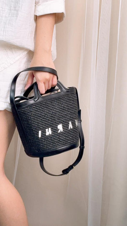 Marni Black Raffia Mini Tropicalia Bucket Bag