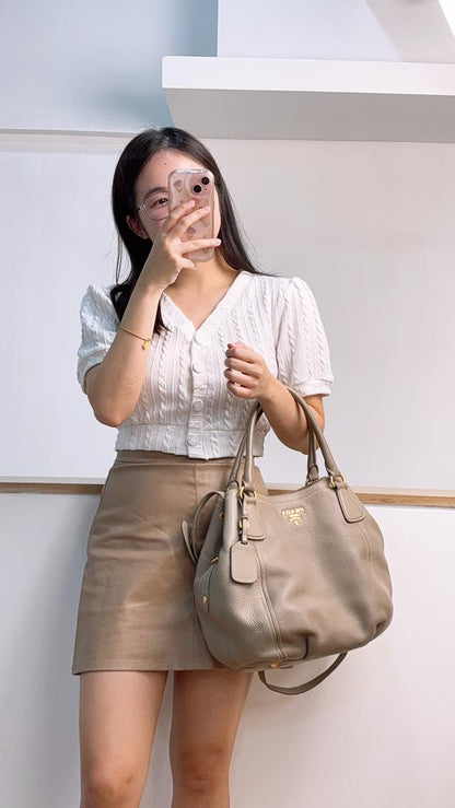 Prada Grey Leather Sacca 2 Manici Shoulder Tote Bag