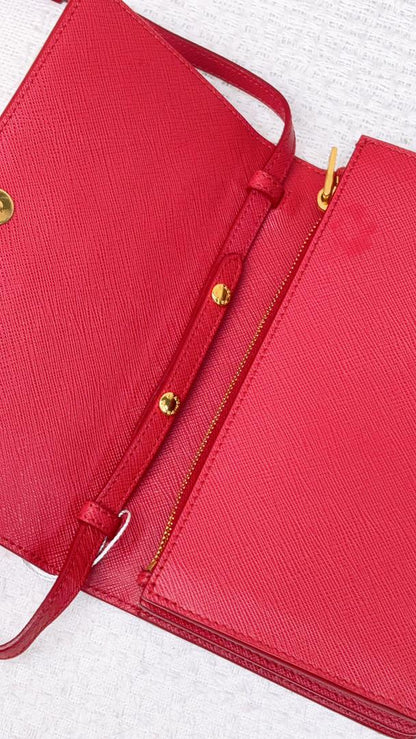 Prada Red Saffiano Bow Wallet with Strap