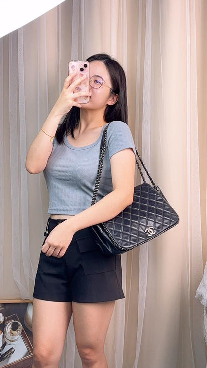 Chanel Navy Calfskin Chain Around Accordian Shoulder Bag (RHW)