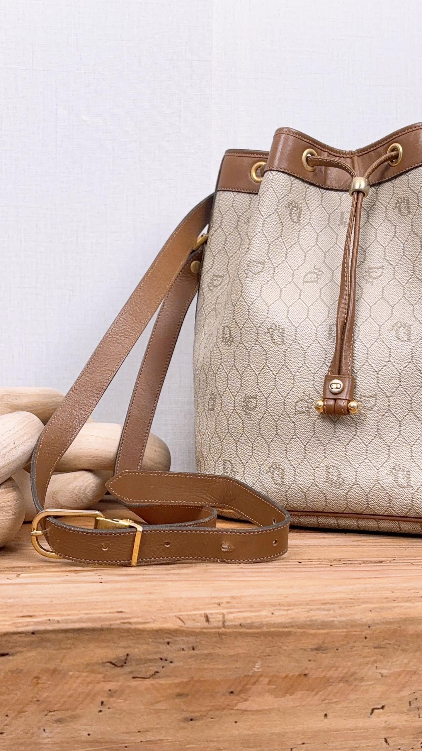 Dior Brown Coated Canvas Honeycomb Drawstring Bucket Bag