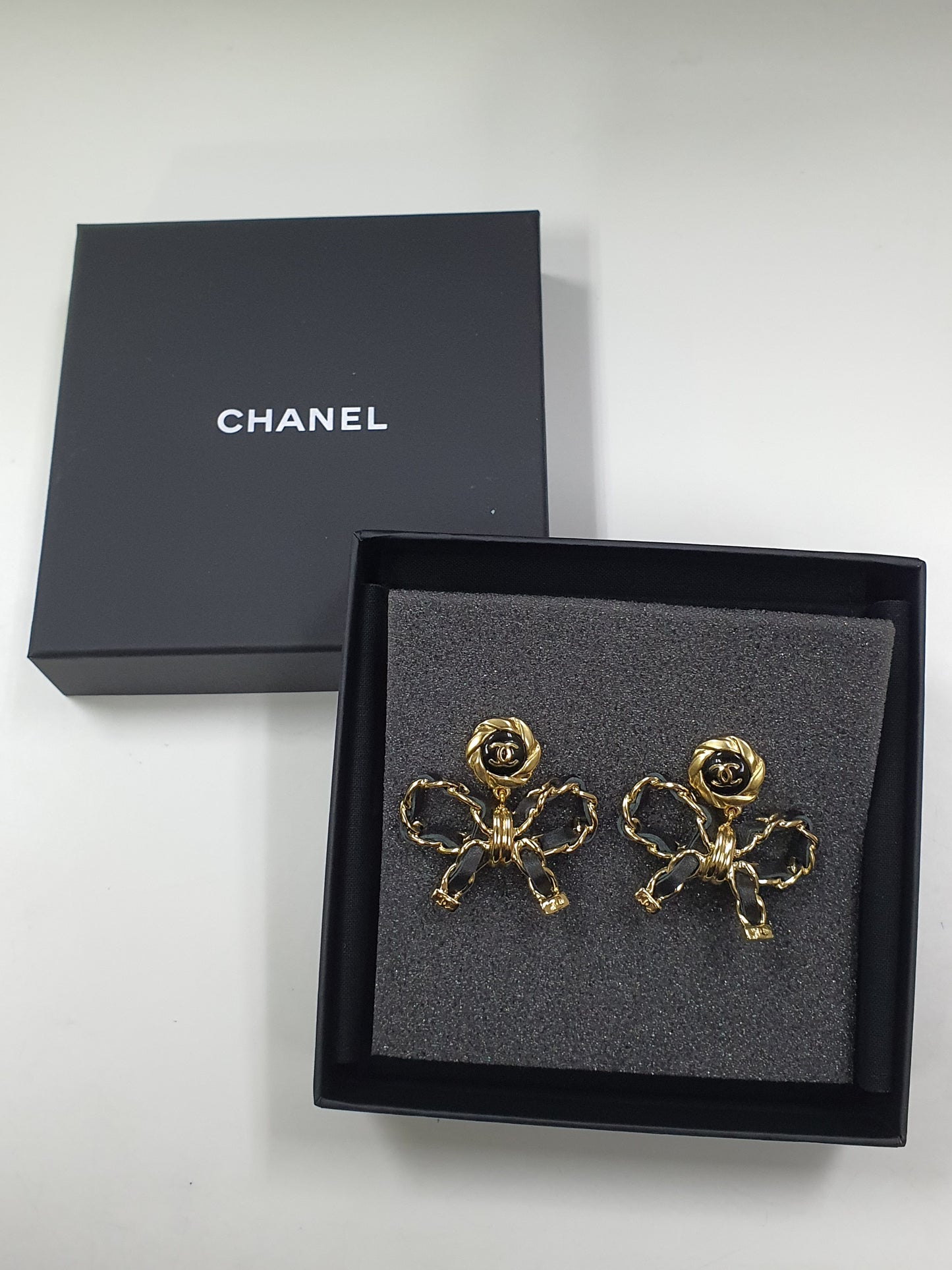 Chanel Chain Leather Bow Earrings