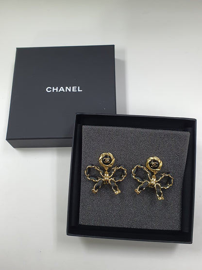 Chanel Chain Leather Bow Earrings