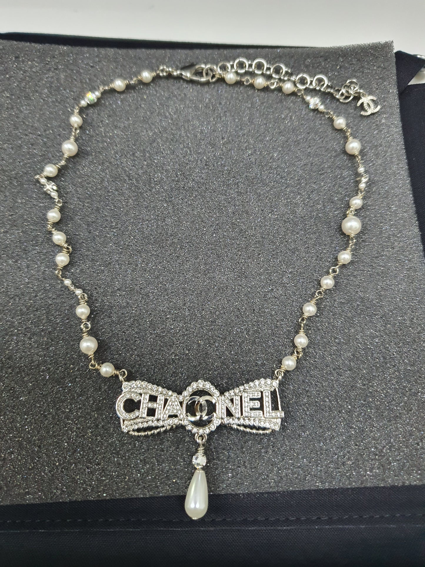 Chanel CC Silver Diamante Bow Pearl Necklace