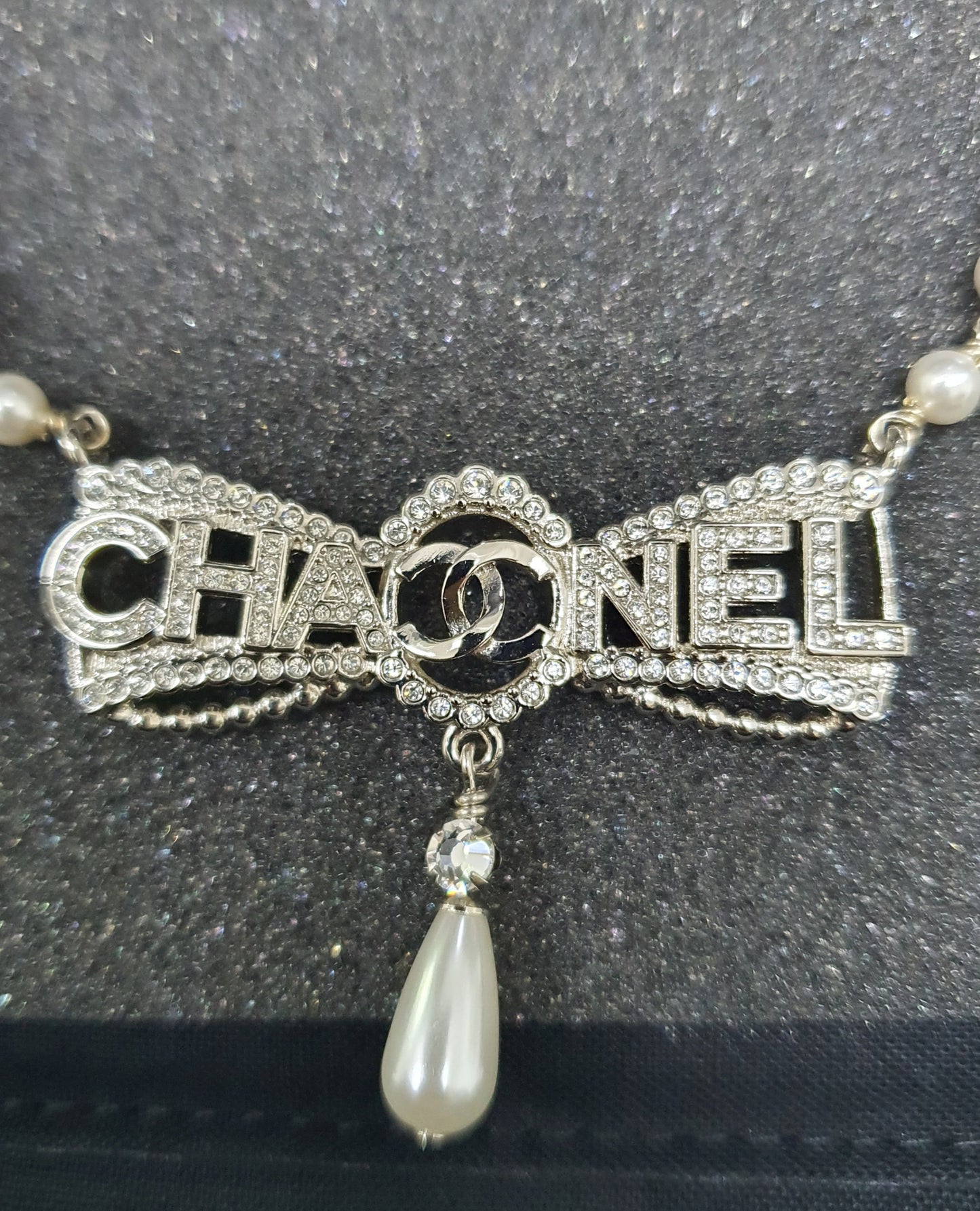 Chanel CC Silver Diamante Bow Pearl Necklace