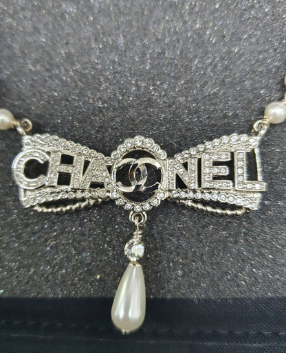 Chanel CC Silver Diamante Bow Pearl Necklace